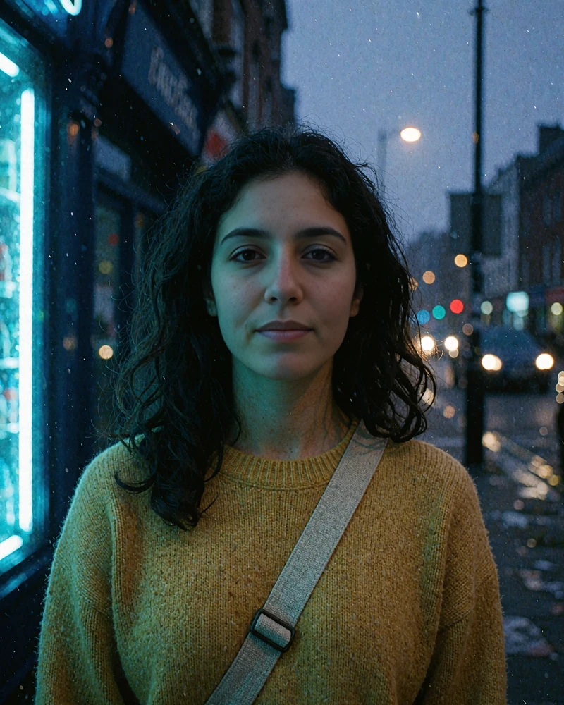 Woman in a mustard knit sweater on a quiet evening sidewalk - local single profile preview on the elvori discreet dating platform