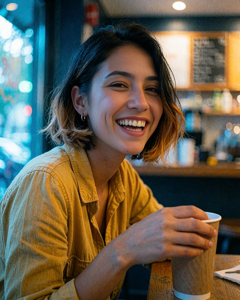 Smiling woman with a short dark bob in a mustard shirt at a café table - verified local singles profile card on the elvori women dating app