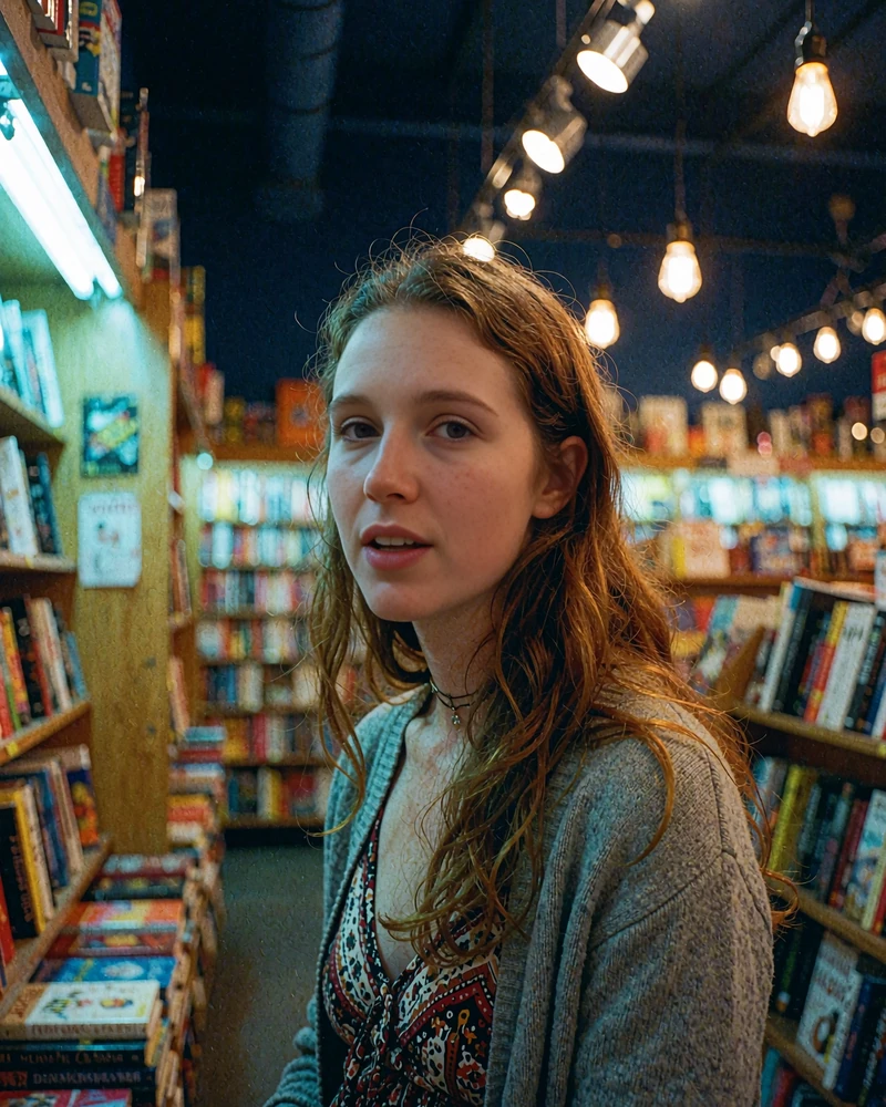 Auburn-haired woman in a grey cardigan inside a dim bookstore aisle - real-looking member card on legit dating apps like elvori