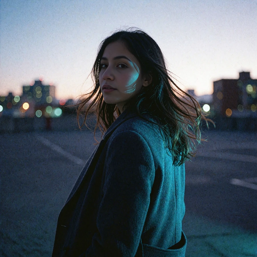 Woman in a dark overcoat glancing back on a dusk street, representing discreet local matching on elvori anonymous dating sites