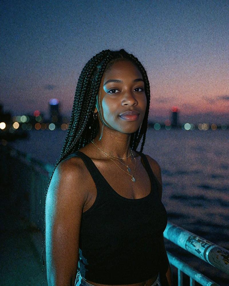 Woman with long box braids on a waterfront walkway at dusk - verified female profile example from the elvori local dating platform