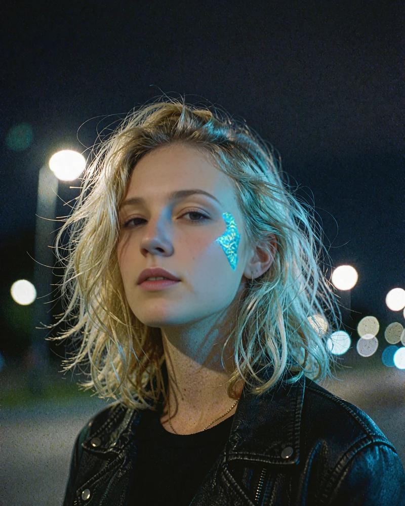 Blonde woman in a black leather jacket on a night street - candid profile photo shown when you meet local singles near you on elvori