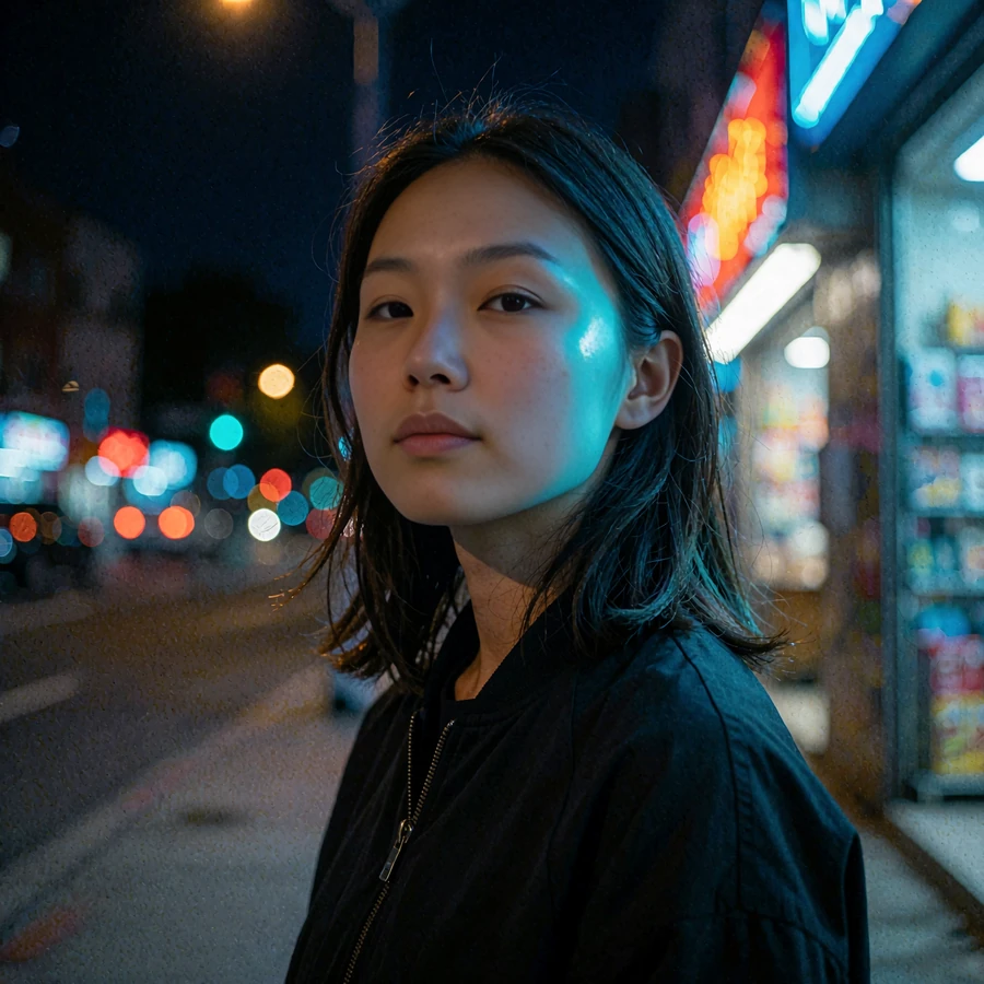 Woman with dark shoulder-length hair on a neon-lit sidewalk, shown as a verified female profile node on elvori anonymous dating