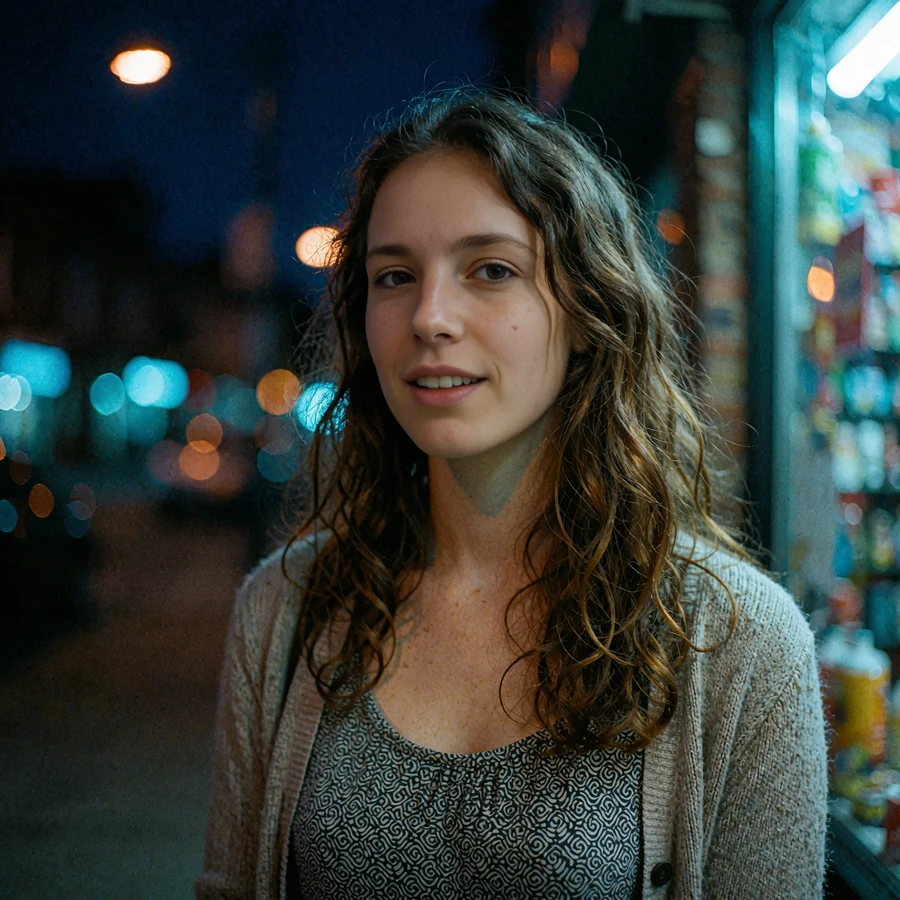Candid evening street photo of a wavy-haired woman in a cardigan - a local singles profile node on the elvori dating platform