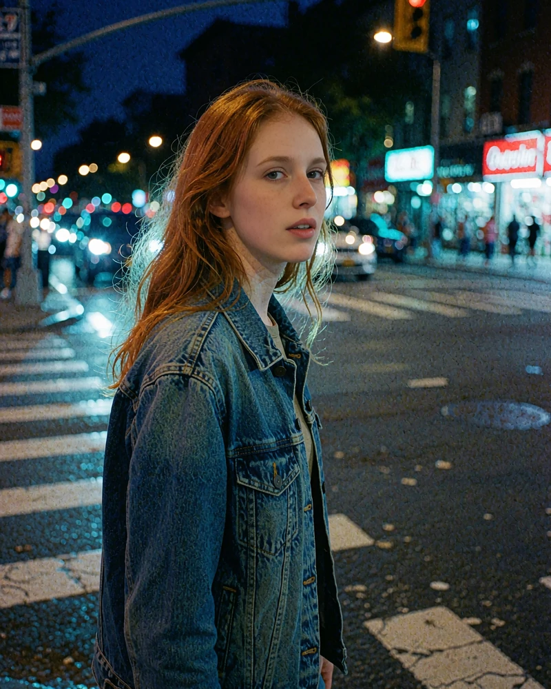 Copper-haired woman in a denim jacket pausing on a city crosswalk - example of a verified female profile on elvori anonymous dating sites
