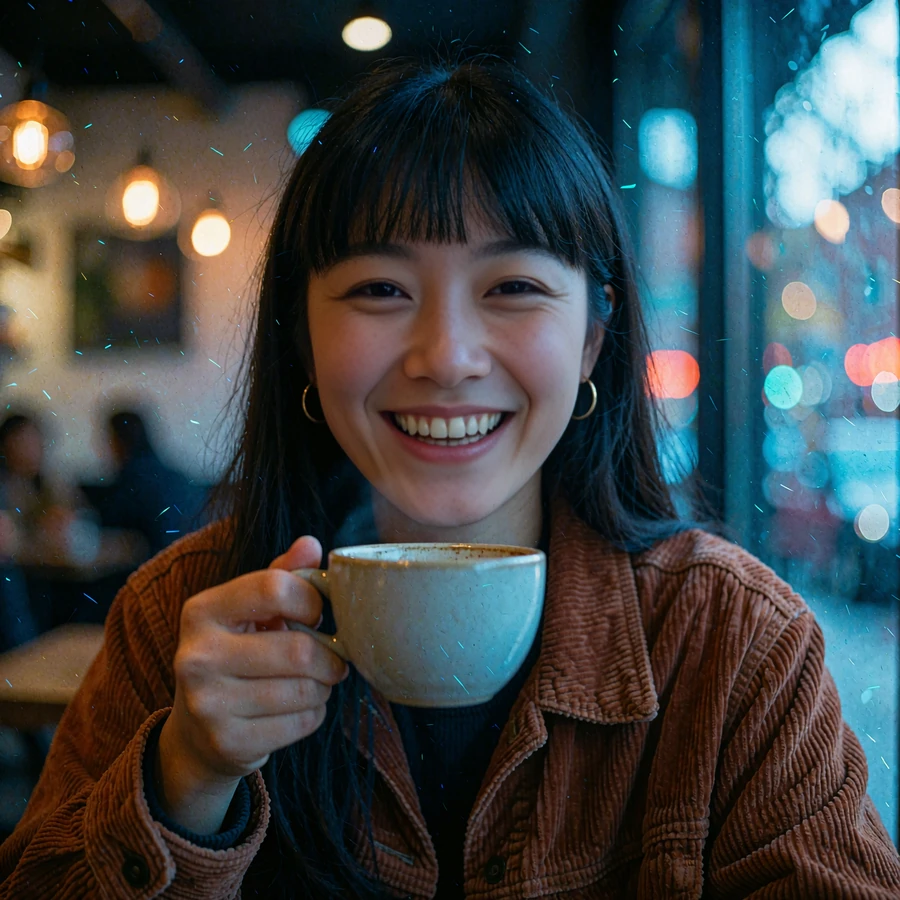 Laughing woman in a corduroy jacket holding a coffee cup - everyday candid photo of a local single on the elvori women dating app
